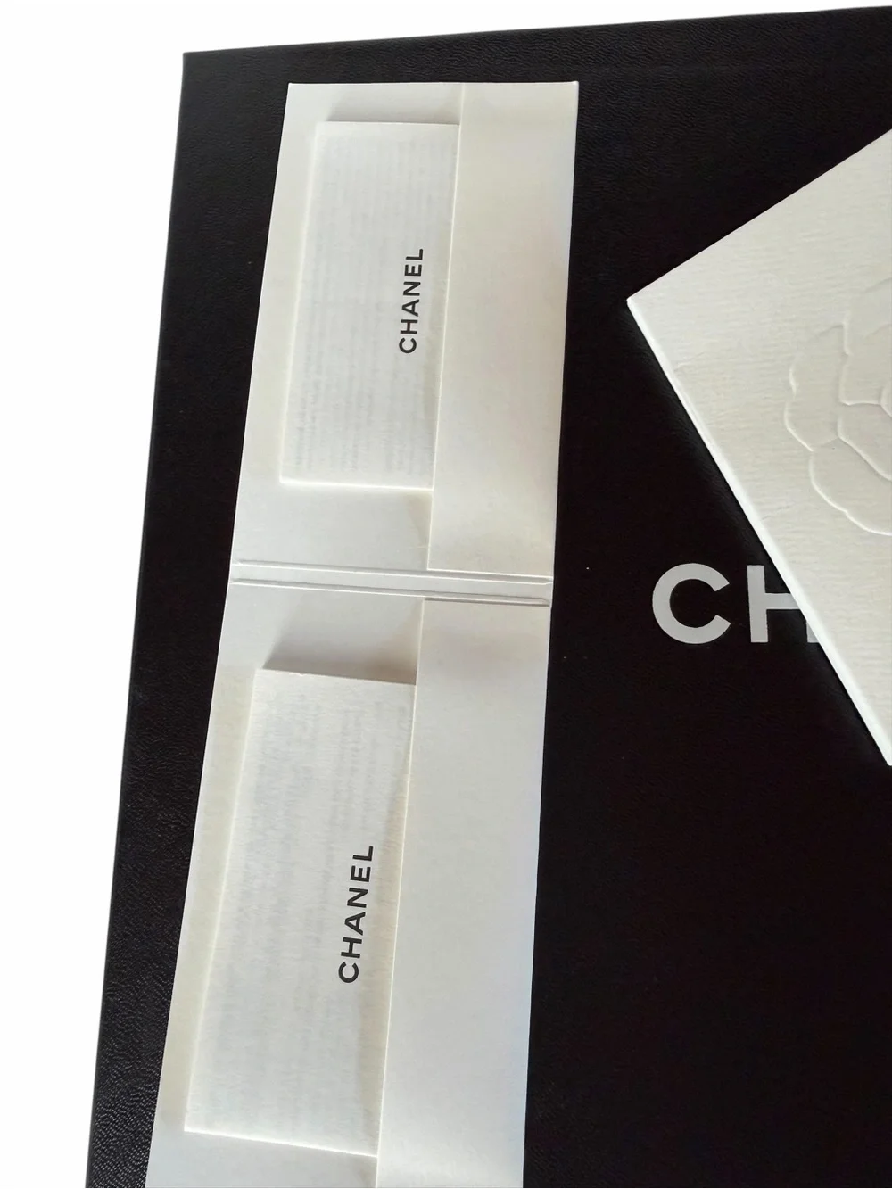 CHANEL Black and White Branded Box with Camellia Detail